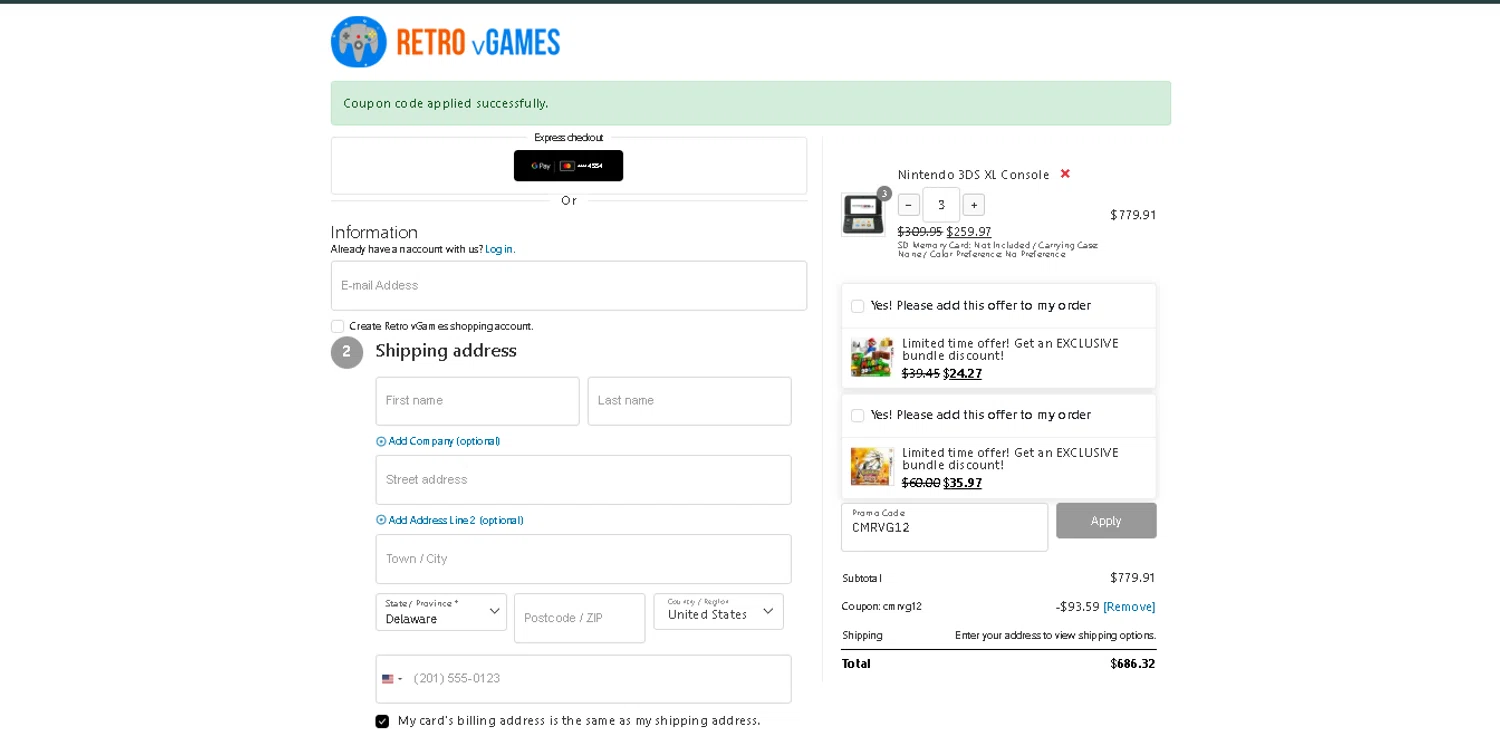 Retro vGames checkout page showing Retro vGames discount code box | Screenshot taken by SimplyCodes community member on Dec 2, 2025