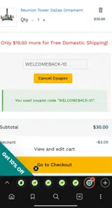 WELCOMEBACK-10 coupon verification screenshot