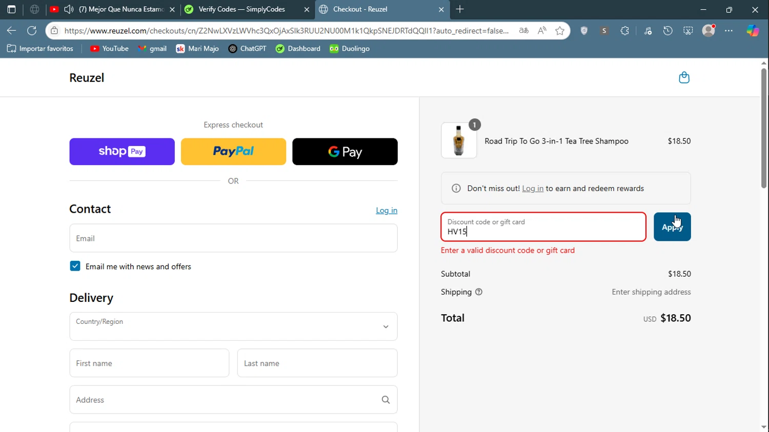 Reuzel discount code screenshot showing code HV15 applied at Reuzel checkout page. Uploaded by SimplyCodes community member ShieldGenius127 on Jun 20, 2025