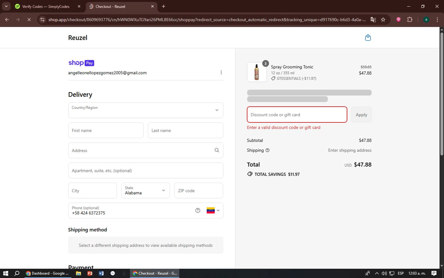 Reuzel discount code screenshot showing code 20%OFF applied at Reuzel checkout page. Uploaded by SimplyCodes community member zizu55 on Jul 12, 2025