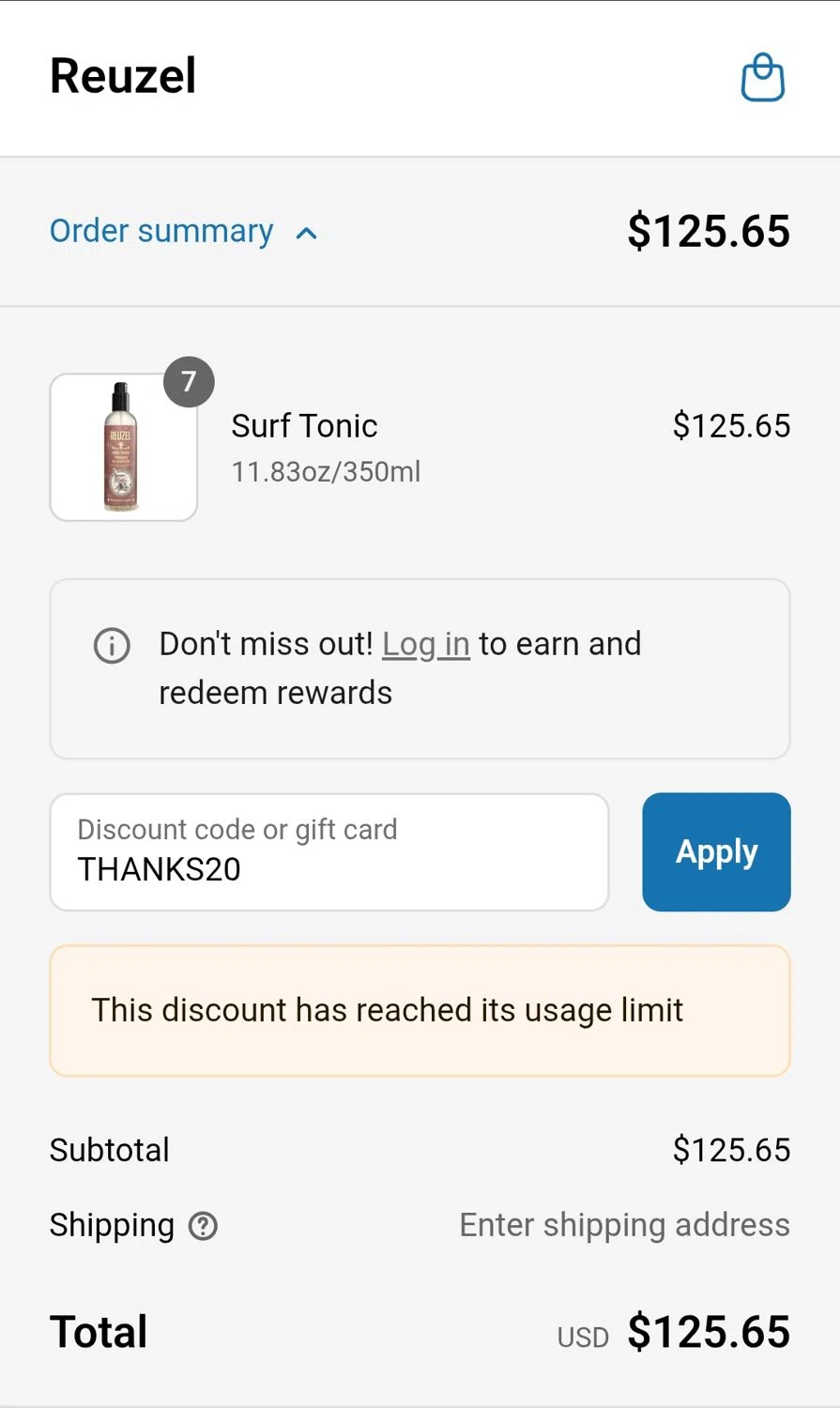 Reuzel discount code screenshot showing code THANKS20 applied at Reuzel checkout page. Uploaded by SimplyCodes community member PrimeEagle9191 on Jul 30, 2025