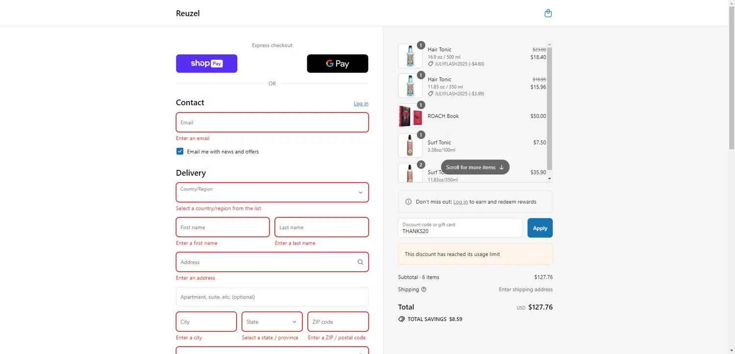 Reuzel discount code screenshot showing code THANKS20 applied at Reuzel checkout page. Uploaded by SimplyCodes community member PromoAdmiral6652 on Jul 30, 2025