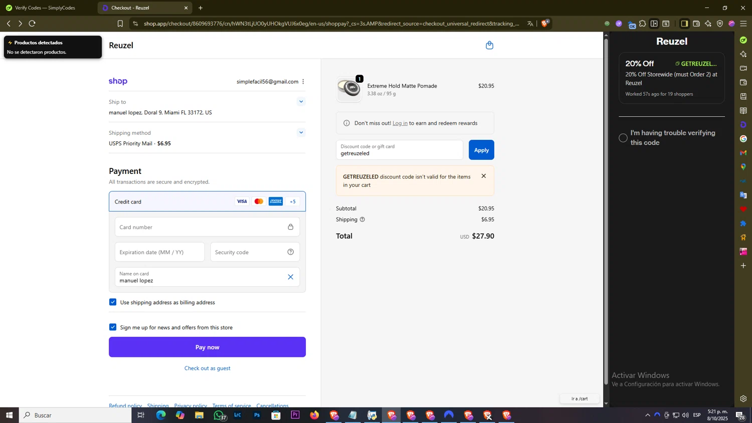 Reuzel checkout page showing Reuzel discount code box | Screenshot taken by SimplyCodes community member on Oct 8, 2025