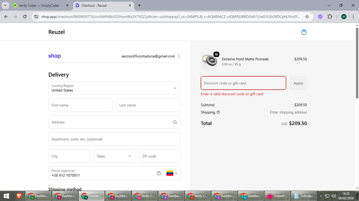 Reuzel discount code screenshot showing code getreuzeled applied at Reuzel checkout page. Uploaded by SimplyCodes community member suieeloves on Feb 9, 2026