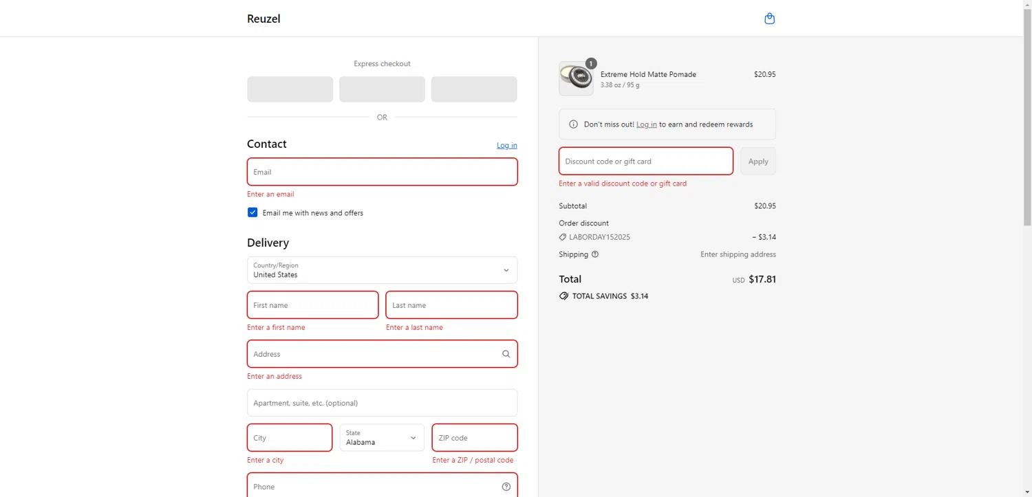 Reuzel discount code screenshot showing code LABORDAY252025 applied at Reuzel checkout page. Uploaded by SimplyCodes community member ValiantAce1810 on Aug 28, 2025