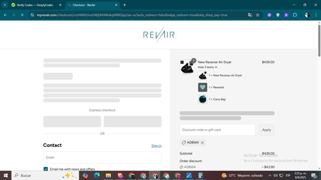 RevAir checkout page showing RevAir discount code box | Screenshot taken by SimplyCodes community member on Sep 9, 2025