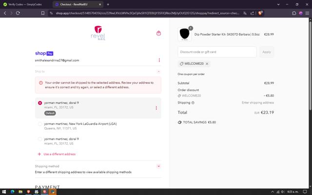 Revel Nail checkout page showing Revel Nail coupon code box | Screenshot taken by SimplyCodes community member on Apr 6, 2025