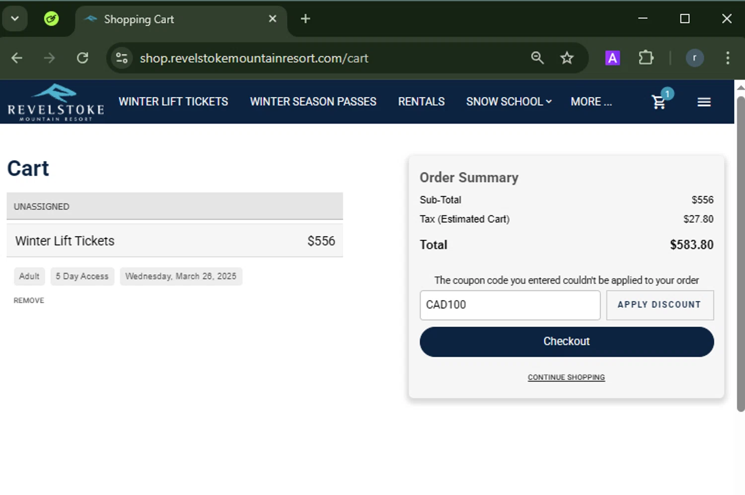 Revelstoke Mountain Resort discount code screenshot showing code CAD100 applied at Revelstoke Mountain Resort checkout page. Uploaded by SimplyCodes community member RamonAlexander on Mar 13, 2025