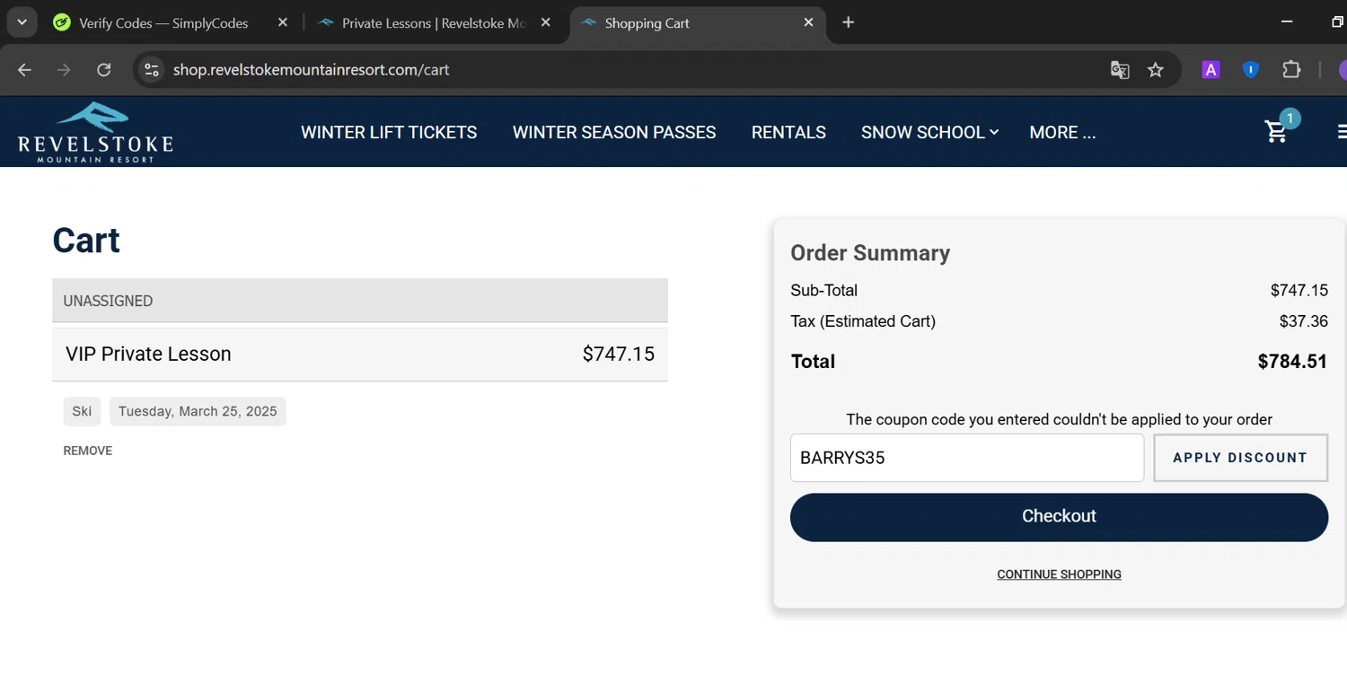 Revelstoke Mountain Resort discount code screenshot showing code CAD100 applied at Revelstoke Mountain Resort checkout page. Uploaded by SimplyCodes community member CoinOwl5103 on Mar 16, 2025