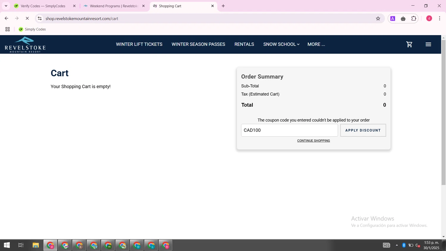 Revelstoke Mountain Resort checkout page showing Revelstoke Mountain Resort discount code box | Screenshot taken by SimplyCodes community member on Jan 30, 2025