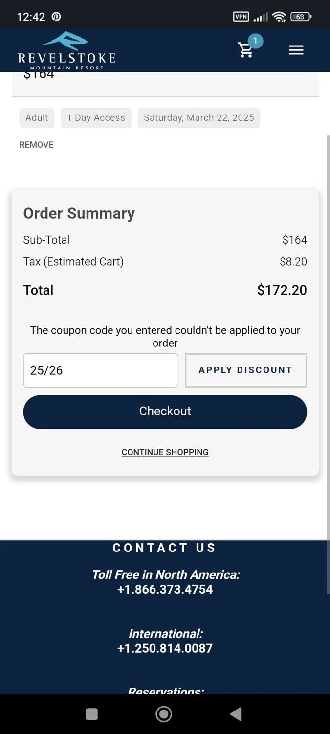 Revelstoke Mountain Resort discount code screenshot showing code 25/26 applied at Revelstoke Mountain Resort checkout page. Uploaded by SimplyCodes community member JhoennysM on Mar 16, 2025