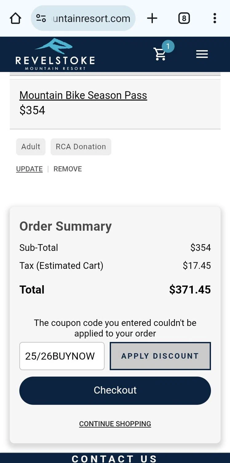 Revelstoke Mountain Resort discount code screenshot showing code 25/26BUYNOW applied at Revelstoke Mountain Resort checkout page. Uploaded by SimplyCodes community member Kikaaa on May 10, 2025