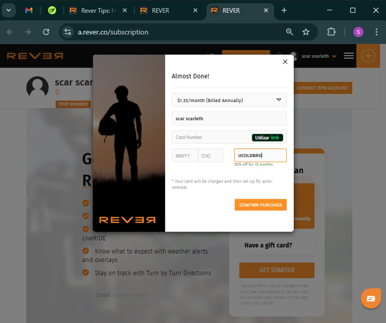 Rever coupon code screenshot showing code UCOLDBRO applied at Rever checkout page. Uploaded by SimplyCodes community member tinkle_tinkle on Mar 15, 2025