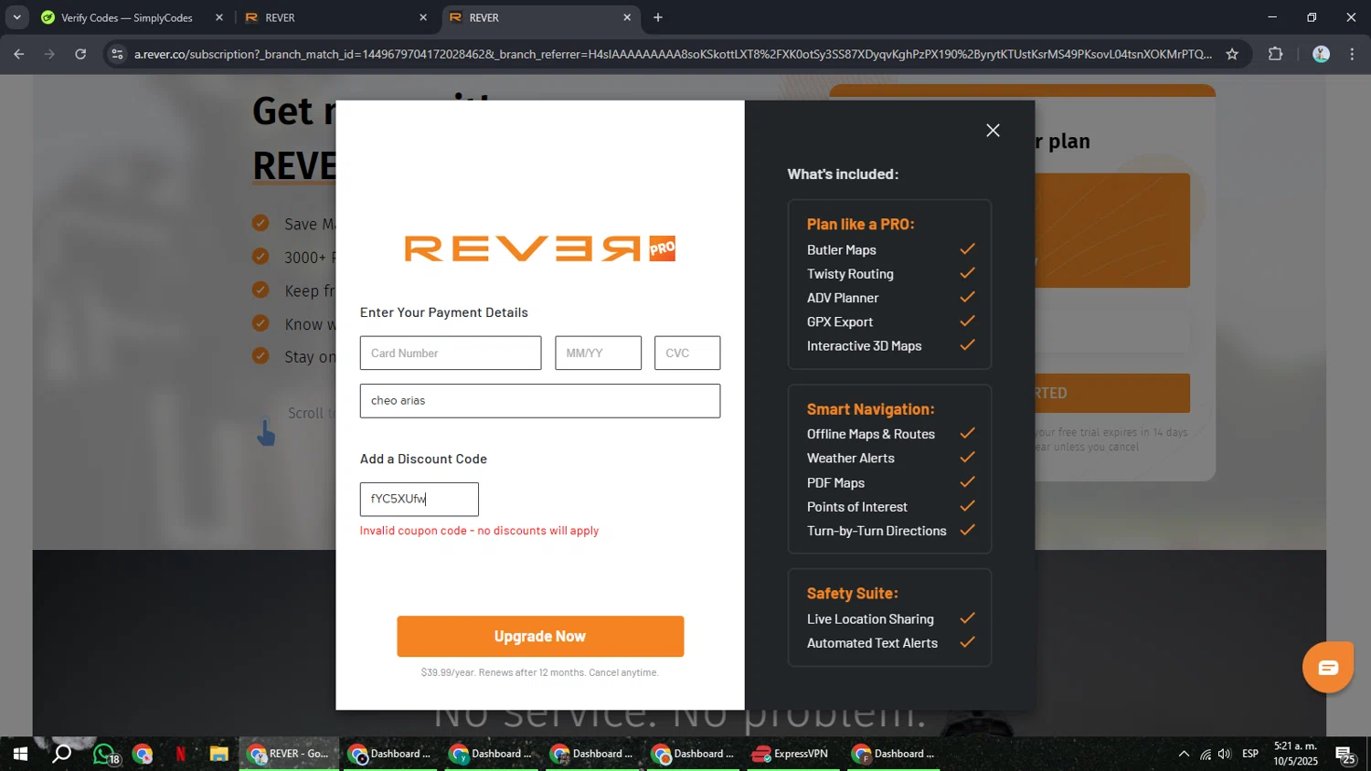 Rever coupon code screenshot showing code fYC5XUfw applied at Rever checkout page. Uploaded by SimplyCodes community member ShrewdSeeker6165 on May 10, 2025