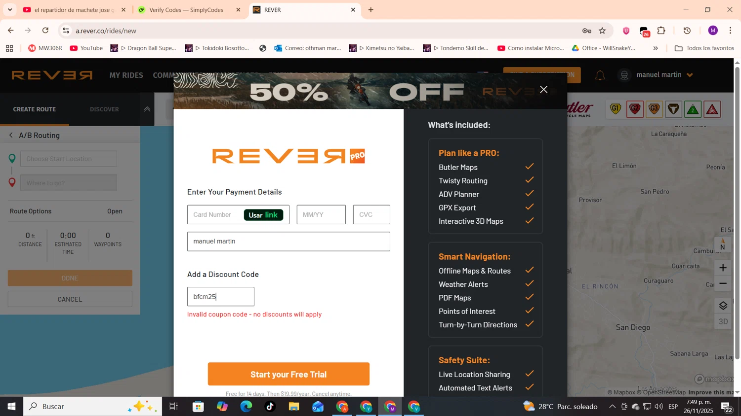 Rever coupon code screenshot showing code bfcm25 applied at Rever checkout page. Uploaded by SimplyCodes community member cod_gakpo on Nov 26, 2025