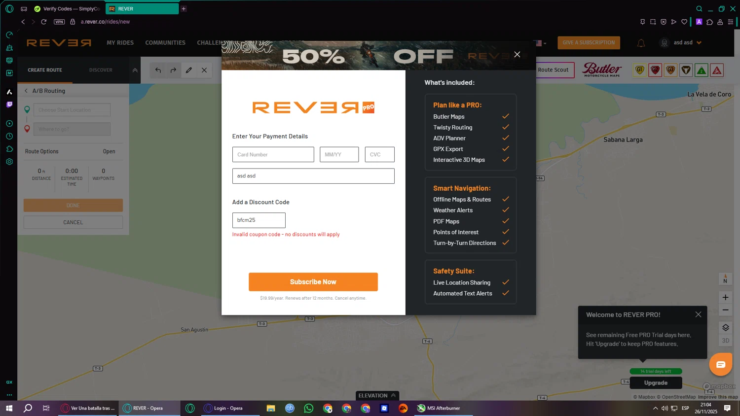 Rever coupon code screenshot showing code bfcm25 applied at Rever checkout page. Uploaded by SimplyCodes community member noahbronw on Nov 27, 2025