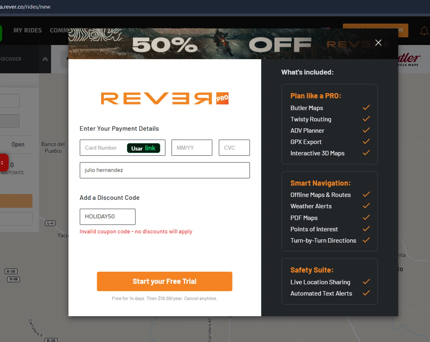 Rever coupon code screenshot showing code HOLIDAY50 applied at Rever checkout page. Uploaded by SimplyCodes community member Jmhernand1 on Dec 20, 2025