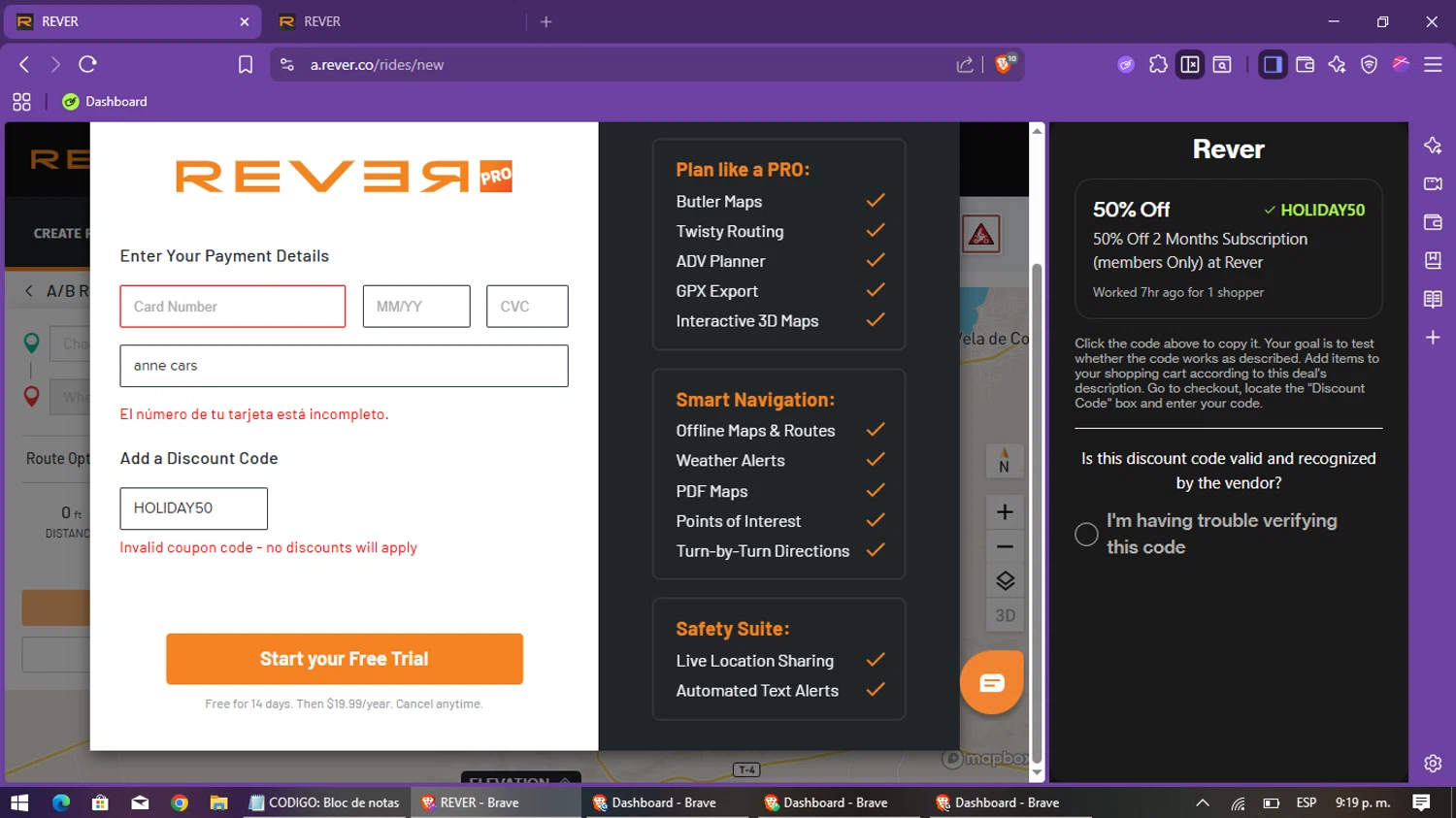 Rever coupon code screenshot showing code HOLIDAY50 applied at Rever checkout page. Uploaded by SimplyCodes community member ShieldSleuth5508 on Dec 21, 2025