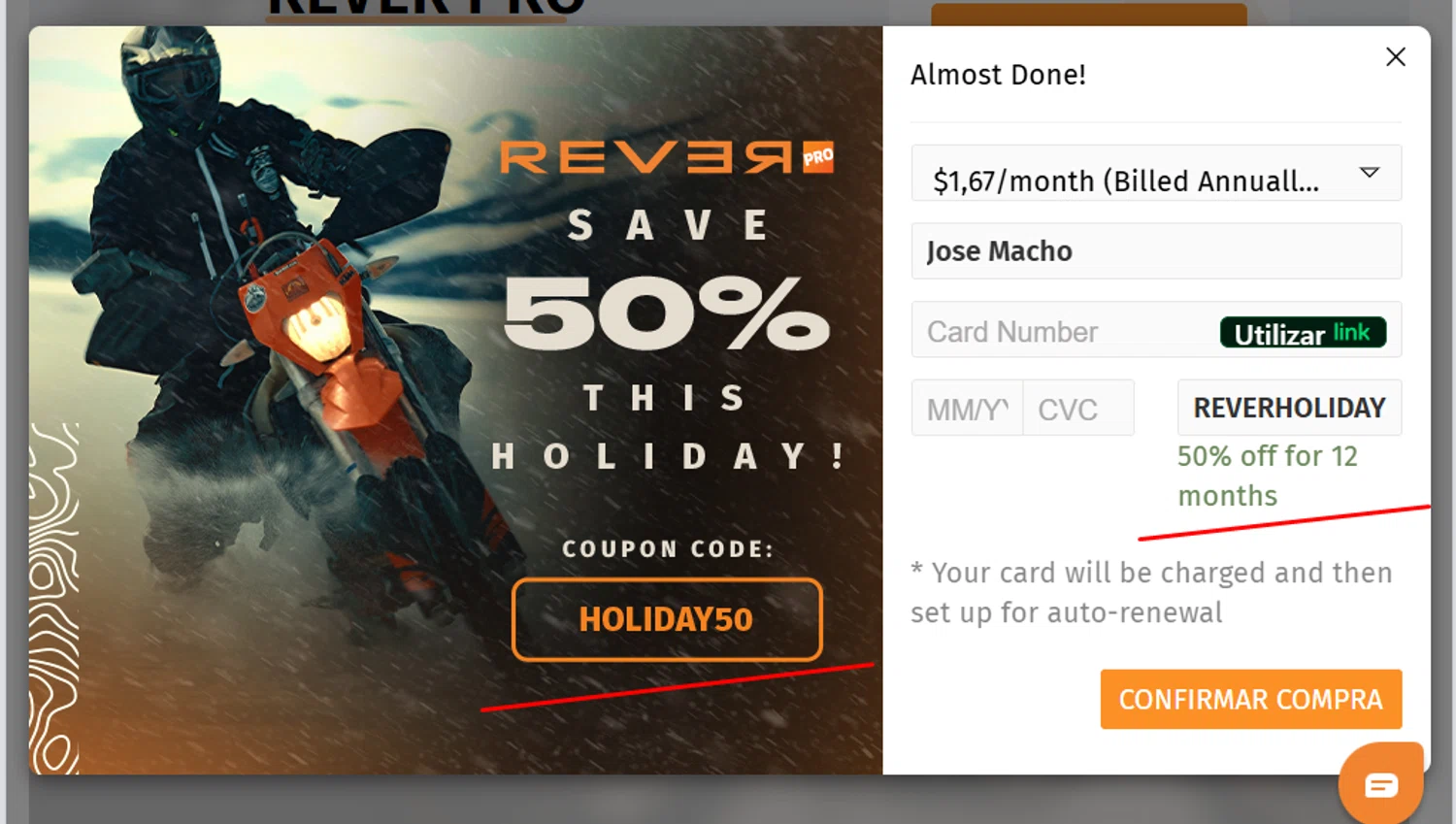 Rever coupon code screenshot showing code HOLIDAY50 applied at Rever checkout page. Uploaded by SimplyCodes community member paola49520 on Dec 20, 2025