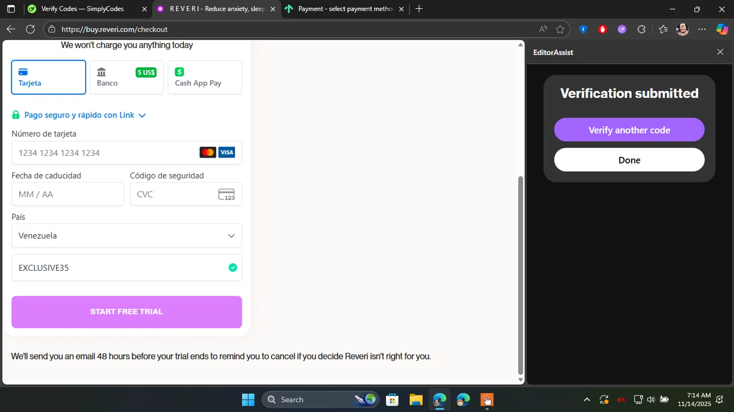 REVERI discount code screenshot showing code EXCLUSIVE35 applied at REVERI checkout page. Uploaded by SimplyCodes community member Blackleg_Sanji on Nov 14, 2025