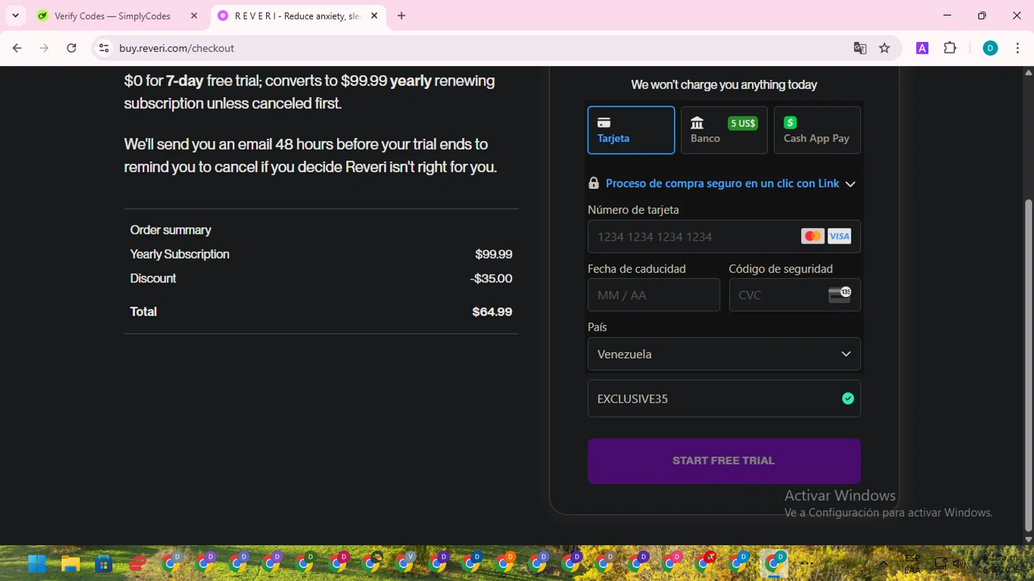 REVERI discount code screenshot showing code EXCLUSIVE35 applied at REVERI checkout page. Uploaded by SimplyCodes community member ShrewdTracker5871 on Mar 26, 2025