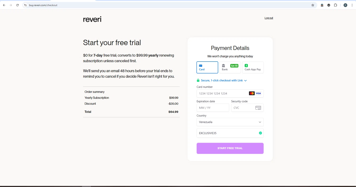 REVERI discount code screenshot showing code EXCLUSIVE35 applied at REVERI checkout page. Uploaded by SimplyCodes community member rafaelmarquez on Jul 23, 2025