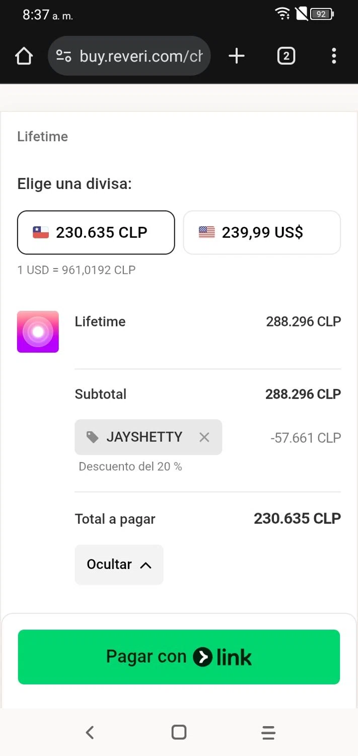 REVERI discount code screenshot showing code JAYSHETTY applied at REVERI checkout page. Uploaded by SimplyCodes community member RoyalSpotter5217 on Nov 27, 2025