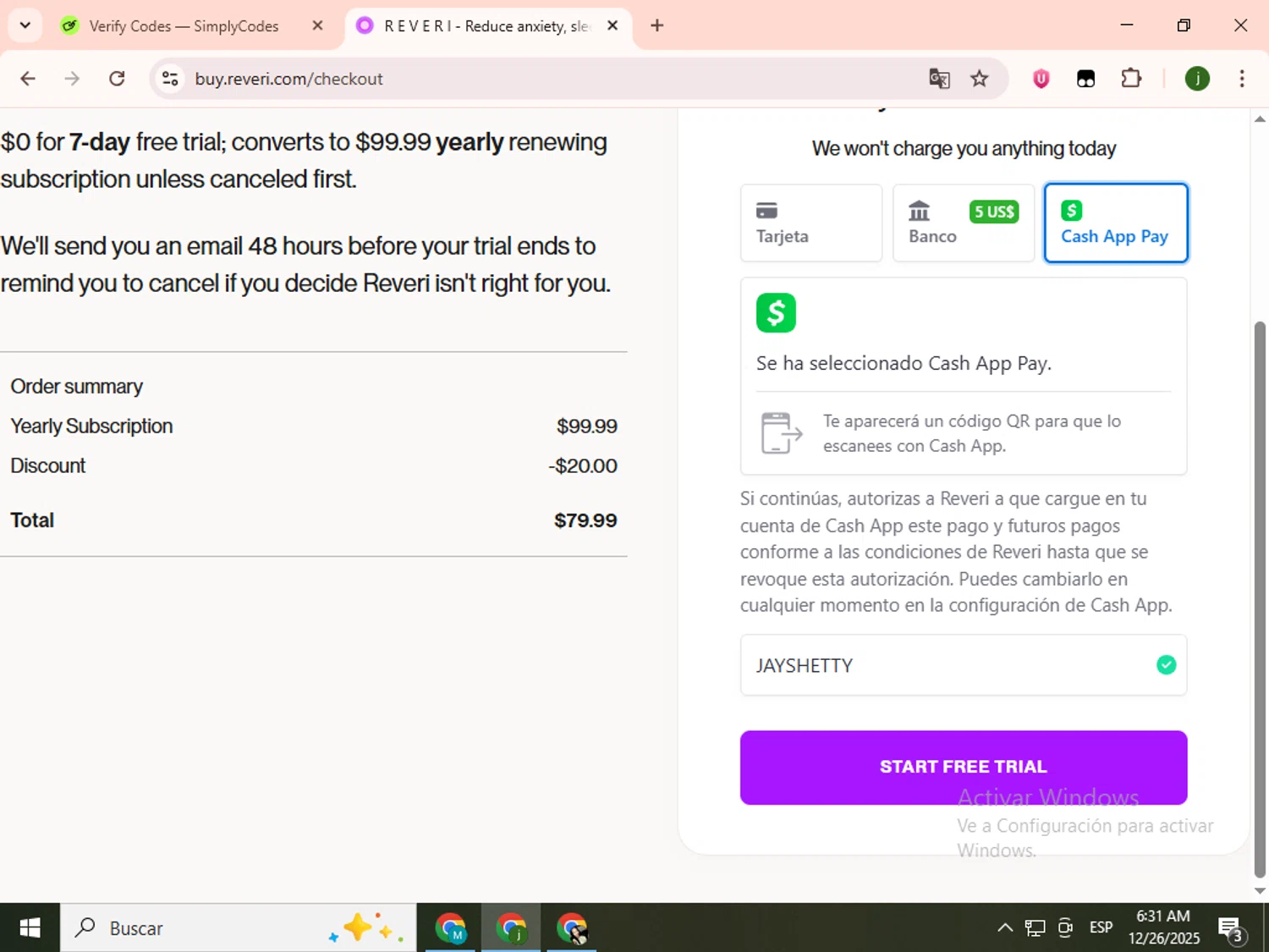 REVERI discount code screenshot showing code JAYSHETTY applied at REVERI checkout page. Uploaded by SimplyCodes community member SavingsCollector2592 on Dec 26, 2025
