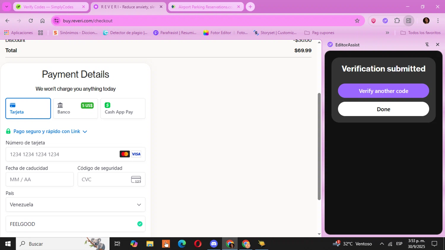 REVERI discount code screenshot showing code FEELGOOD applied at REVERI checkout page. Uploaded by SimplyCodes community member Kulomii on Sep 30, 2025