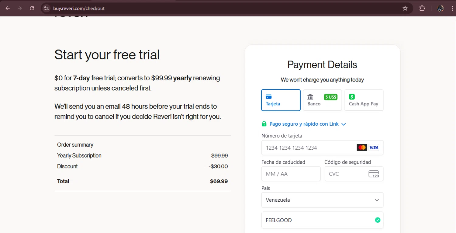 REVERI discount code screenshot showing code FEELGOOD applied at REVERI checkout page. Uploaded by SimplyCodes community member MagnificentAdmiral9096 on Sep 30, 2025