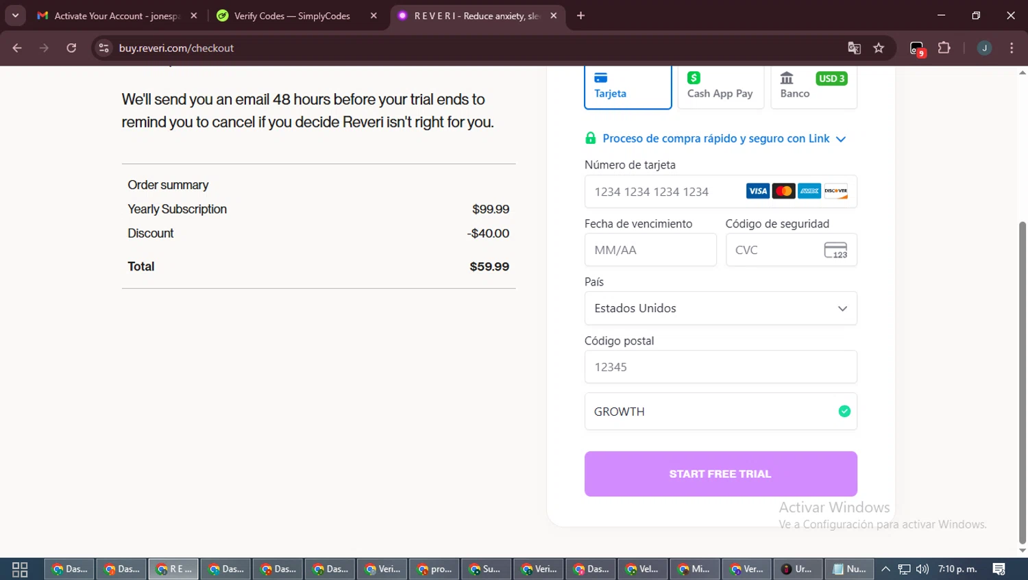 REVERI discount code screenshot showing code GROWTH applied at REVERI checkout page. Uploaded by SimplyCodes community member ScanLynx8928 on Dec 28, 2025