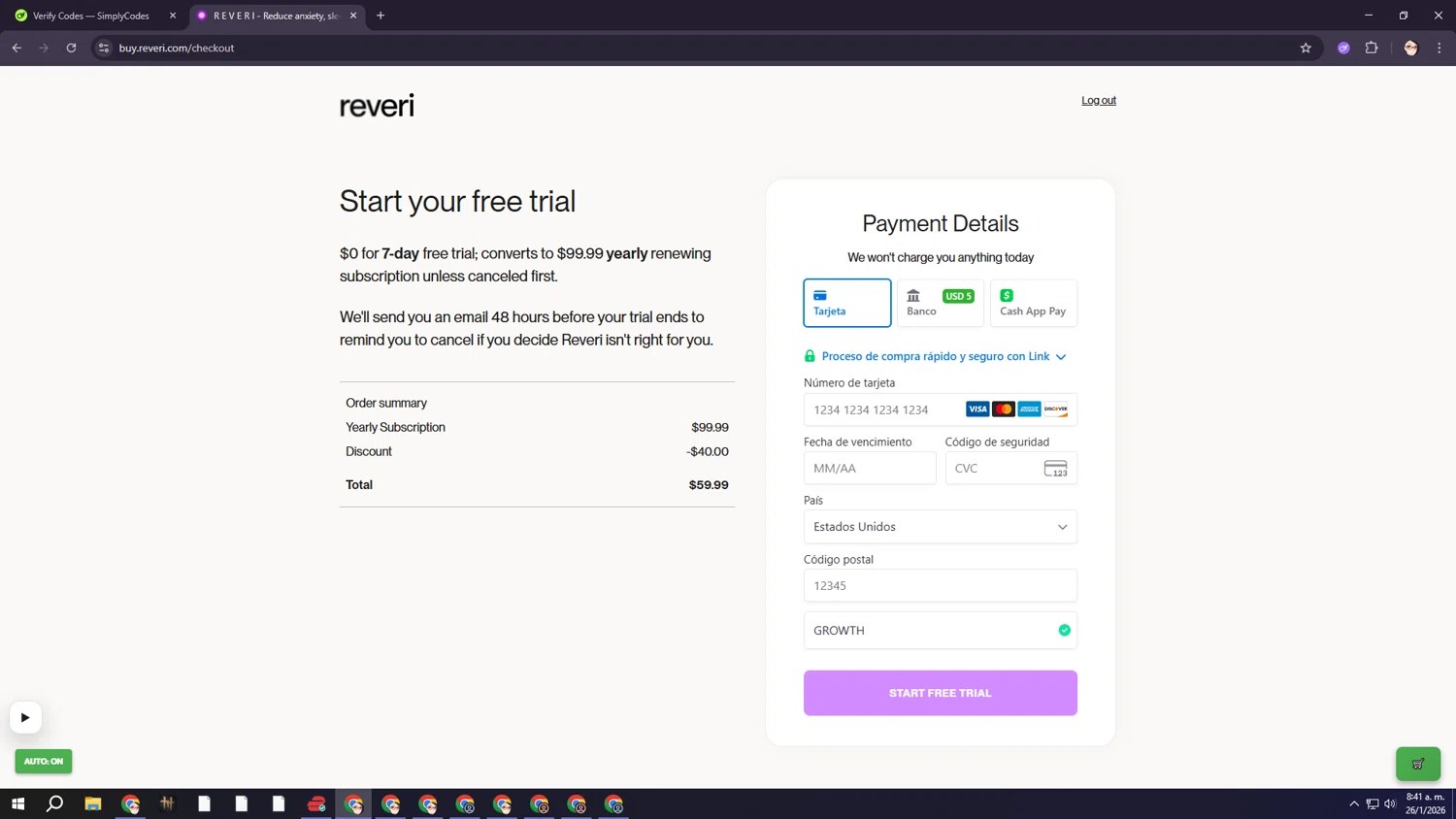 REVERI checkout page showing REVERI discount code box | Screenshot taken by SimplyCodes community member on Jan 26, 2026