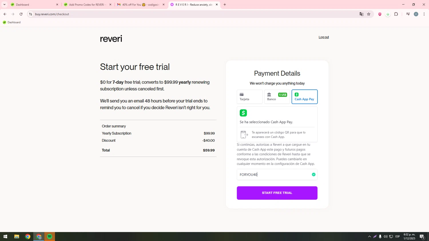 REVERI discount code screenshot showing code FORYOU40 applied at REVERI checkout page. Uploaded by SimplyCodes community member ValueHawk3038 on Dec 1, 2025
