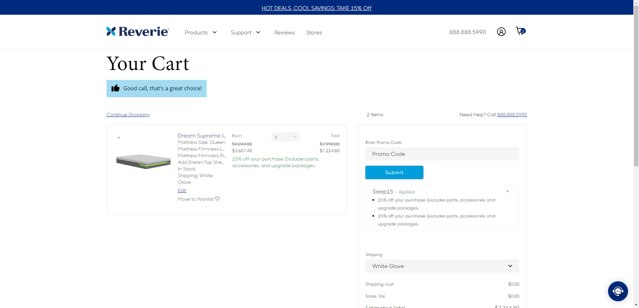 Reverie checkout page showing Reverie promo code box | Screenshot taken by SimplyCodes community member on Jul 18, 2025