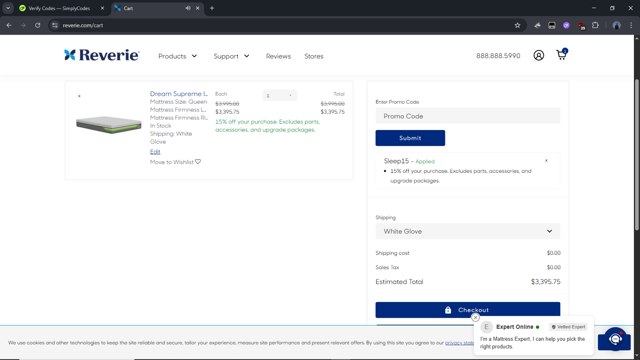 Reverie checkout page showing Reverie promo code box | Screenshot taken by SimplyCodes community member on Aug 16, 2025