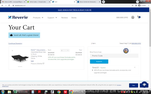 Reverie checkout page showing Reverie promo code box | Screenshot taken by SimplyCodes community member on Aug 16, 2025