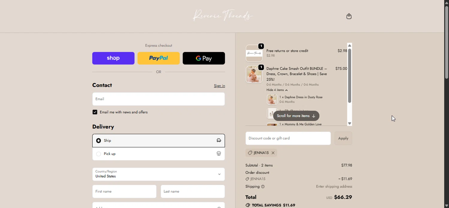 Reverie Threads discount code screenshot showing code JENNA15 applied at Reverie Threads checkout page. Uploaded by SimplyCodes community member LuckyPioneer1027 on Oct 10, 2025