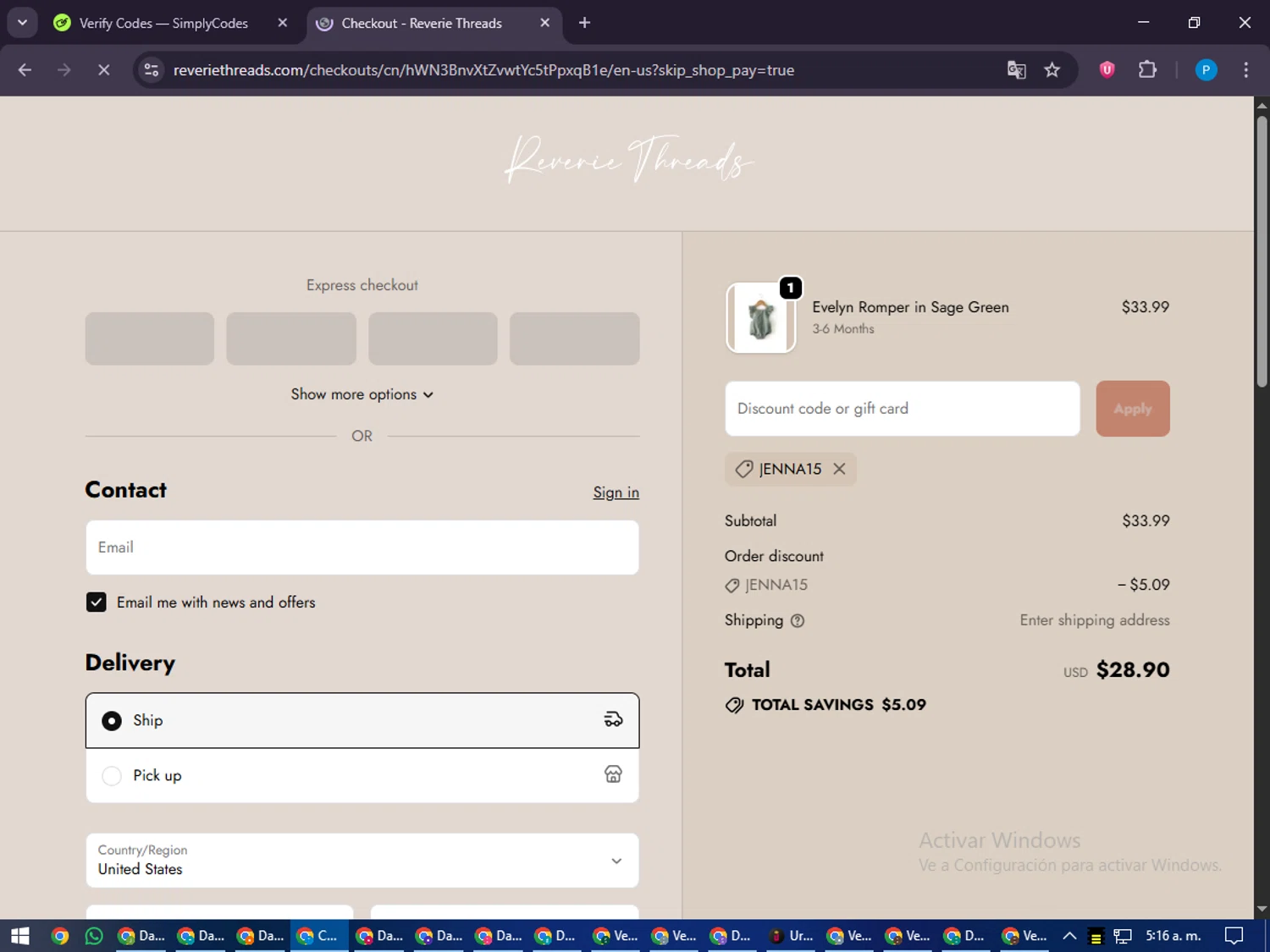 Reverie Threads discount code screenshot showing code JENNA15 applied at Reverie Threads checkout page. Uploaded by SimplyCodes community member juiceWRLD on Sep 20, 2025