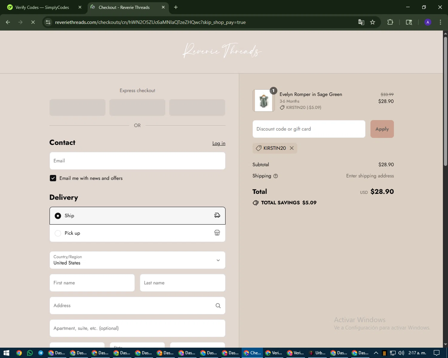 Reverie Threads discount code screenshot showing code KIRSTIN20 applied at Reverie Threads checkout page. Uploaded by SimplyCodes community member MagnificentWarden4603 on Aug 30, 2025