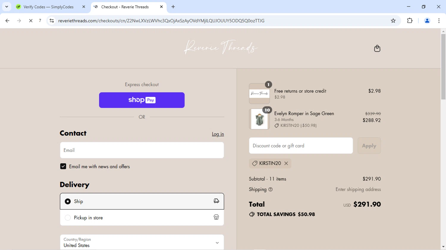 Reverie Threads discount code screenshot showing code KIRSTIN20 applied at Reverie Threads checkout page. Uploaded by SimplyCodes community member MoneyMaverick9441 on Jul 13, 2025