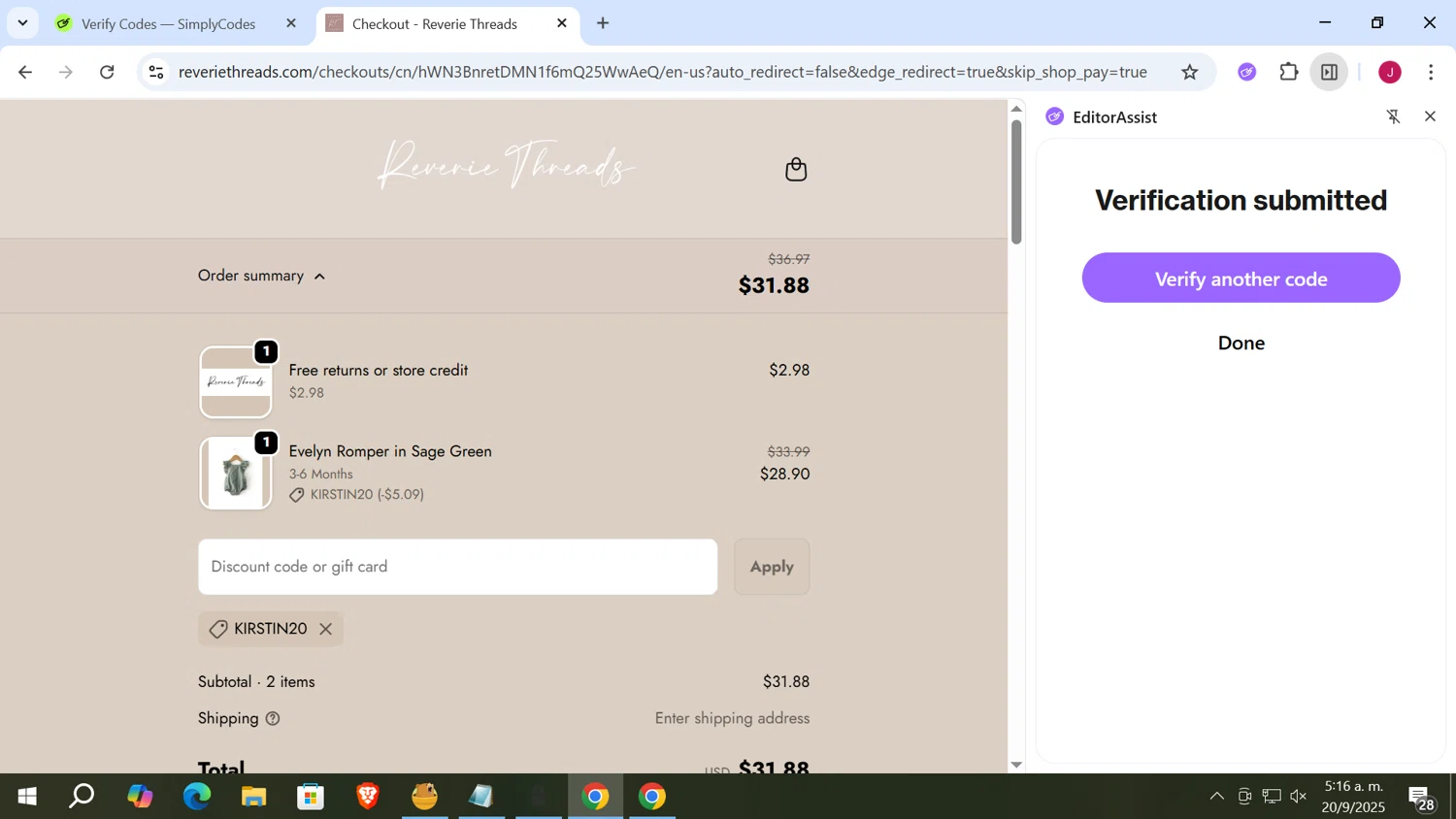 Reverie Threads discount code screenshot showing code KIRSTIN20 applied at Reverie Threads checkout page. Uploaded by SimplyCodes community member vergil_lains on Sep 20, 2025