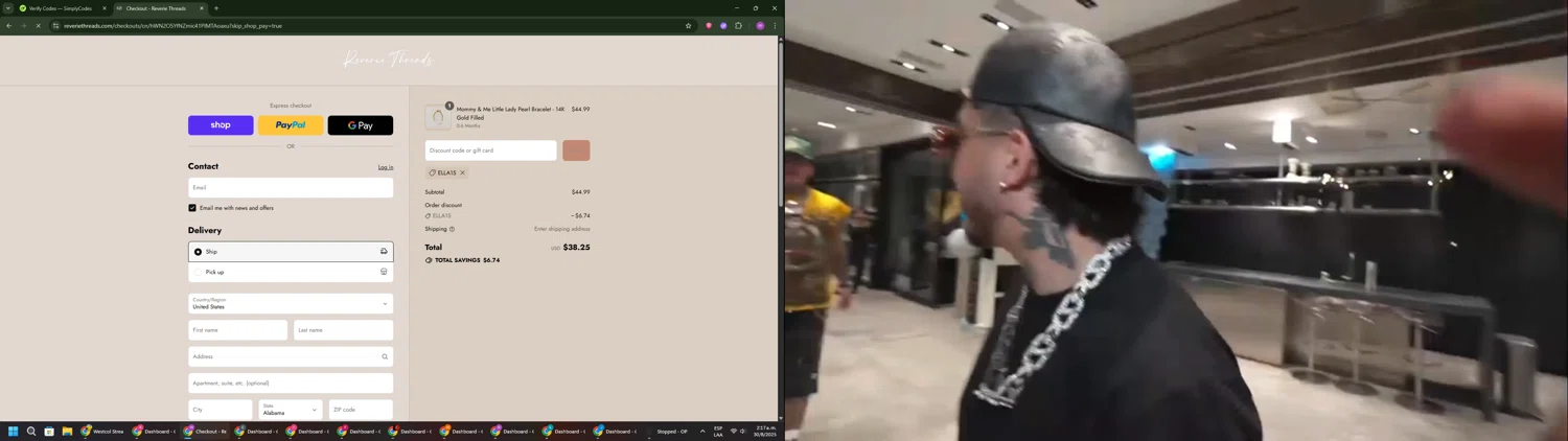 Reverie Threads discount code screenshot showing code ELLA15 applied at Reverie Threads checkout page. Uploaded by SimplyCodes community member PennyWizard1195 on Aug 30, 2025