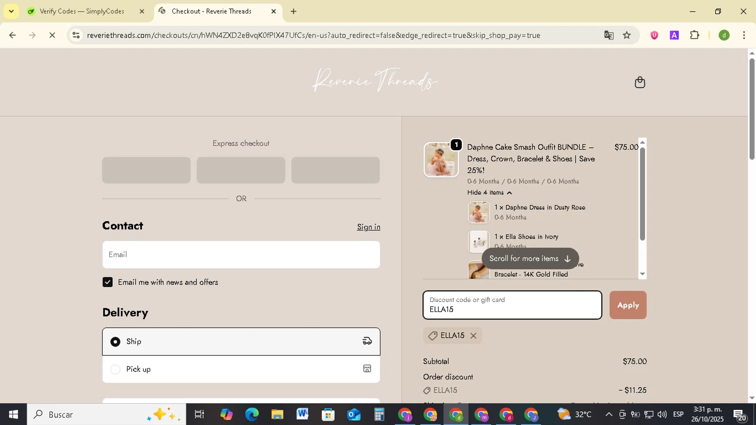 Reverie Threads discount code screenshot showing code ELLA15 applied at Reverie Threads checkout page. Uploaded by SimplyCodes community member SavingsSentinel833 on Oct 26, 2025