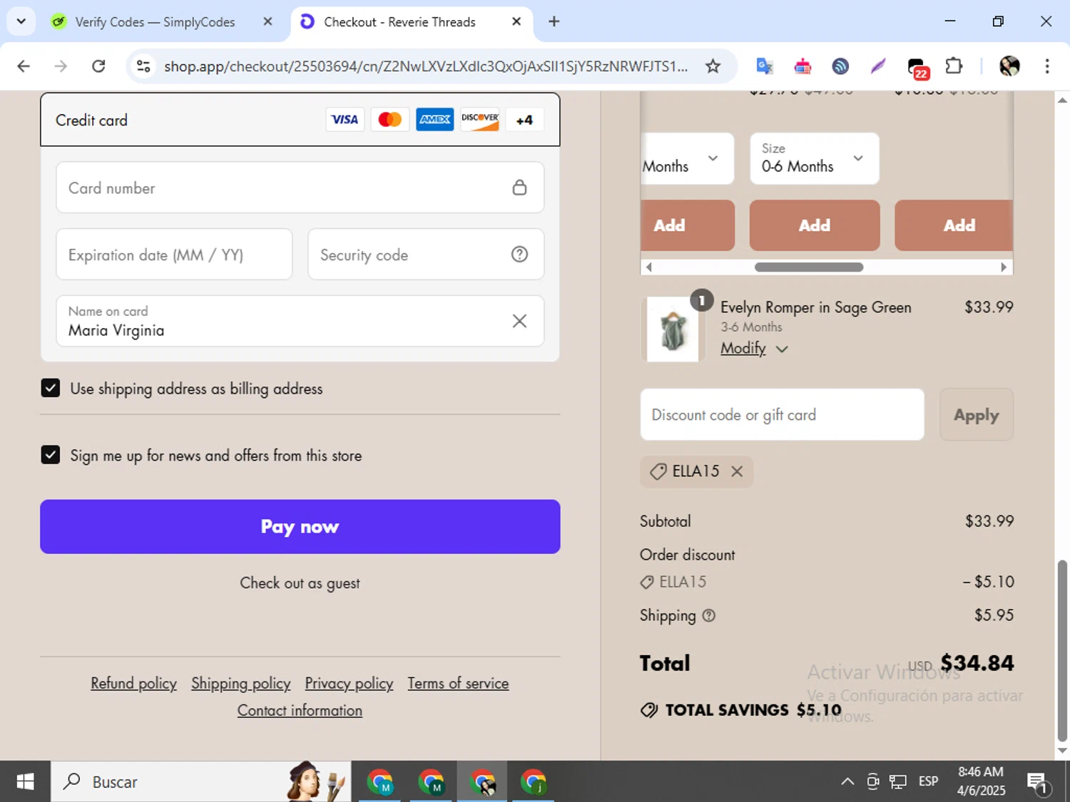 Reverie Threads discount code screenshot showing code ELLA15 applied at Reverie Threads checkout page. Uploaded by SimplyCodes community member mariapolancog on Apr 6, 2025
