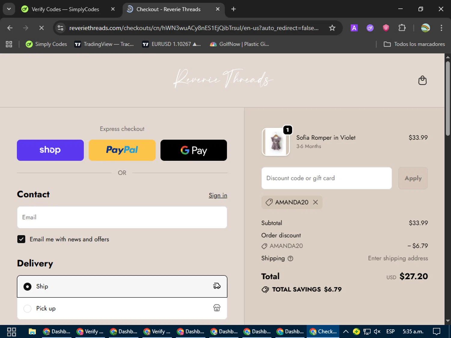 Reverie Threads discount code screenshot showing code Amanda20 applied at Reverie Threads checkout page. Uploaded by SimplyCodes community member CoinMaven5220 on Oct 10, 2025