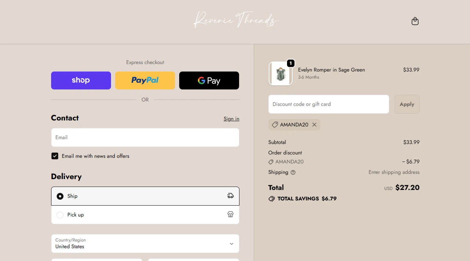 Reverie Threads discount code screenshot showing code Amanda20 applied at Reverie Threads checkout page. Uploaded by SimplyCodes community member Powerrangerazul on Oct 14, 2025