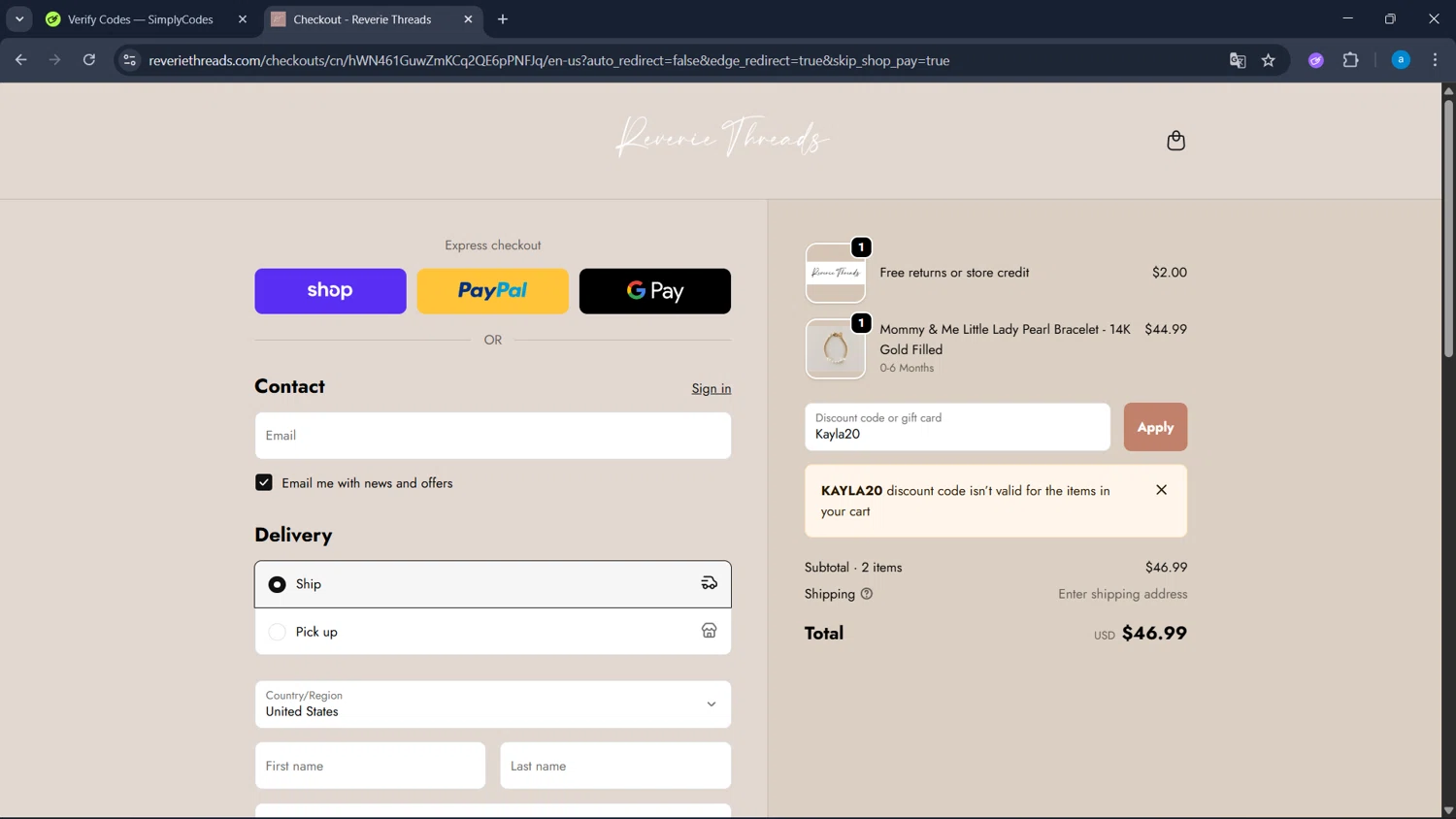 Reverie Threads discount code screenshot showing code Kayla20 applied at Reverie Threads checkout page. Uploaded by SimplyCodes community member WiseHawk9255 on Oct 14, 2025