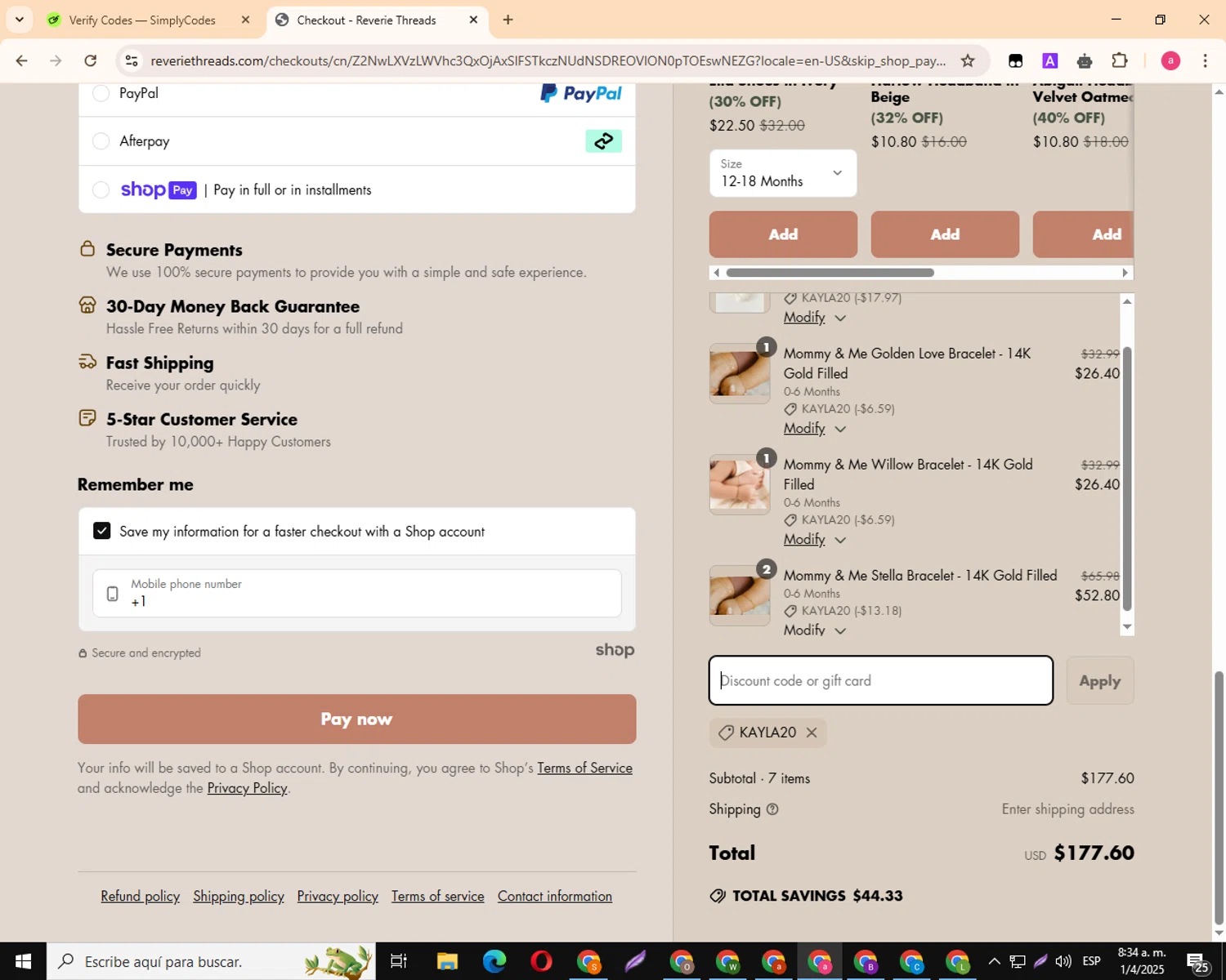 Reverie Threads discount code screenshot showing code Kayla20 applied at Reverie Threads checkout page. Uploaded by SimplyCodes community member MagnificentKnight3359 on Apr 1, 2025