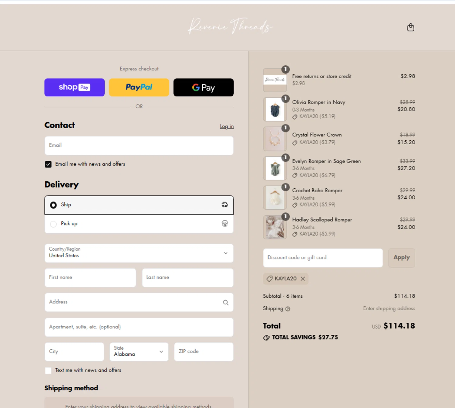 Reverie Threads discount code screenshot showing code Kayla20 applied at Reverie Threads checkout page. Uploaded by SimplyCodes community member danielgonzalez5 on Aug 12, 2025