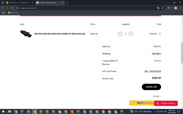 Revgear checkout page showing Revgear promo code box | Screenshot taken by SimplyCodes community member on Dec 28, 2024